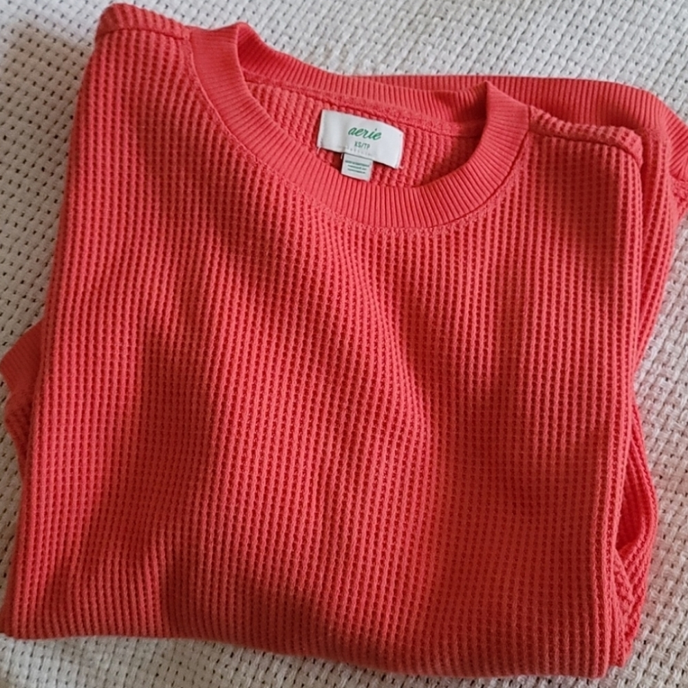 Aerie | Coral Waffle-Knit Crewneck Top | XS